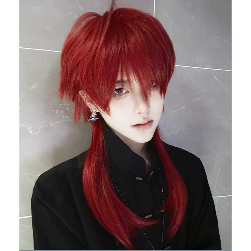 Mullet Wigs Red Straight Wolf Cut Wigs Layered Wig with Bangs Short Wig Heat Resistant Hair 21in (Red)