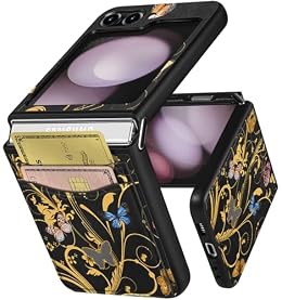 Shorogyt for Samsung Galaxy Z Flip 5 Wallet Case with Card Holder - Designer Golden Butterfly Pattern Back Flip Folio Leather Phone Cases Z Flip 5 for Women Men Girls