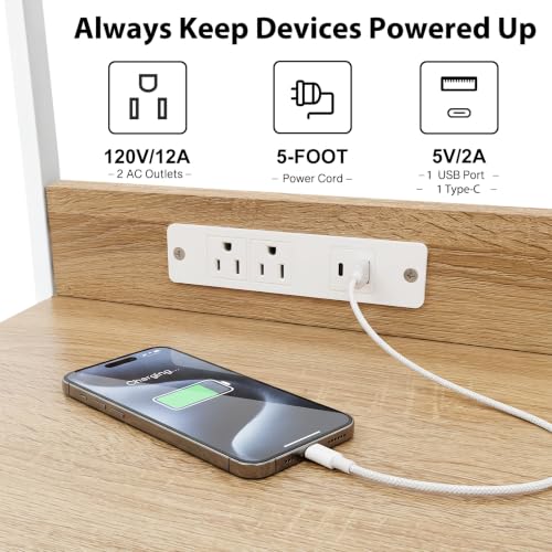 Image of Fixwal Night Stand with Charging Station, Led Nightstand, 2 Fabric Drawers