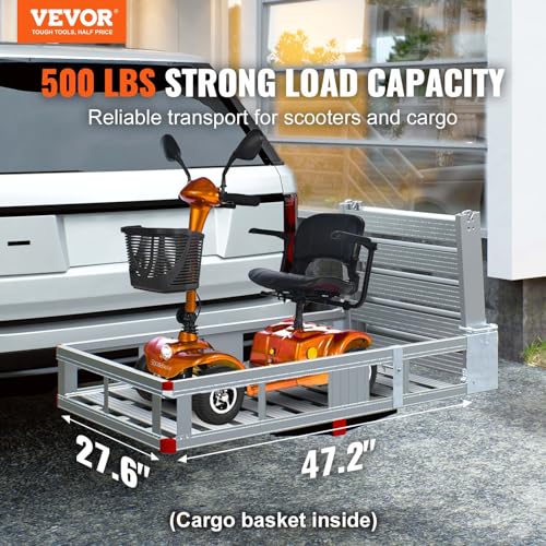 VEVOR Hitch Mount Cargo Carrier, 500LBS Mobility Scooter Carrier with Folding Ramp, Aluminum Trailer Hitch Rack Basket & Stabilizer, Strap, Fits 2" Hitch Receiver for Truck SUV Car, 47.2" x 27.6"