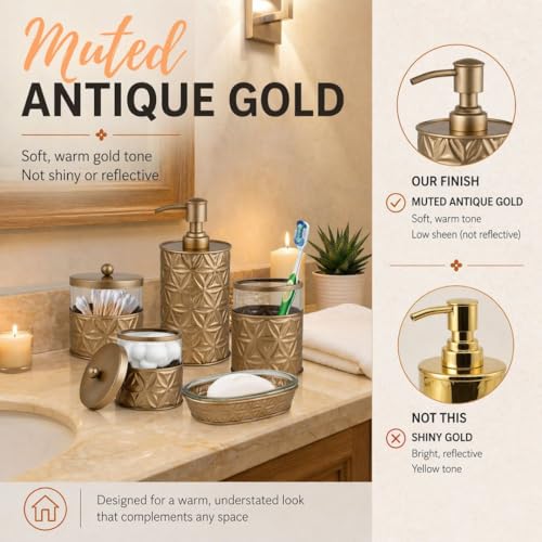 Autumn Alley Antique Gold Bathroom Accessories Set, 5 Piece Champagne Gold Modern Bathroom Decor - Soap Dispenser, Toothbrush Holder, 2 Apothecary Jars, Soap Holder, Farmhouse Bathroom Décor by Autumn Alley - Image 3