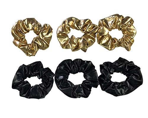 Otyou 6 Pack Black And Gold Pu Leather Hair Scrunchies Scrunchy Bobbles Elastic Hair Bands Ties Hair Accessories Wrist Band Cosplay Show For Women Girls #TOP7
