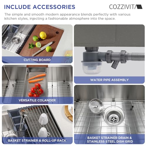 Cozzivita 32in Undermount Workstations Kitchen Sinks - 11 Gauge Stainless Steel Sink 10inch Deep Worktation Sink with Cutting Board and Accessories by COZZIVITA - Image 8