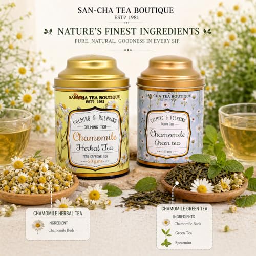 Image of Sancha Tea Boutique, Combo Pack, Chamomile Herbal (50g) & Green (100g), Relaxing & Calming Floral Blends, Herbal Tisane + Whole Leaf Green, Real Flowers & Leaves