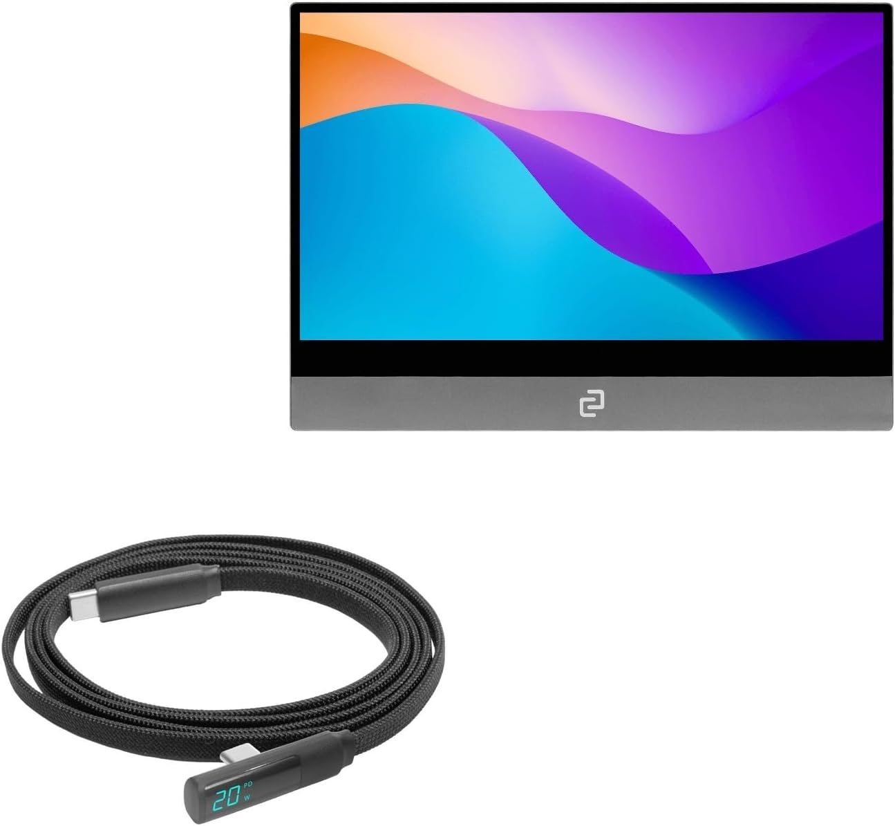 BoxWave Cable Compatible with Espresso Display 15 Touch V2 - PowerDisplay PD Right Angle Cable (4ft) - USB-C to USB-C (100W), LED Wattage Info Extra Long Braided Nylon - Jet Black