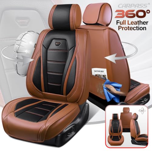 Image of CAR PASS Nappa Leather Car Seat Covers Front Seat Faux Leather,Black Brown