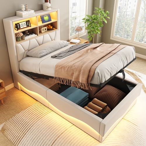 LAKFEW Cama Individual 90x200 cm con USB y Luz LED, Camas Juveniles con Espacio de Almacenamiento Hidráulico y Compartimentos Abiertos, Cama 90 con Sommier Metálico, Beige, Sin Colchon
