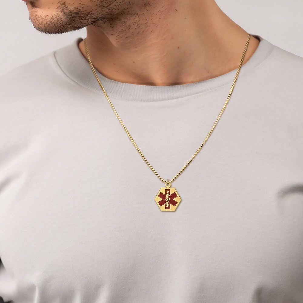 IceCarats 14K Solid Yellow Gold Large Medical Alert Medal Pendant Necklace 27mm 1.1 inch Polished, Engravable For Her For Him