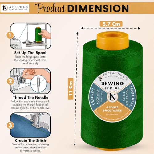 AK Trading 4-Pack Pine Green All Purpose Sewing Thread Cones (6000 Yards Each) of High Tensile Polyester Thread Spools for Sewing, Quilting, Serger Machines, Overlock, Merrow & Hand Embroidery by AK TRADING CO. - Image 2