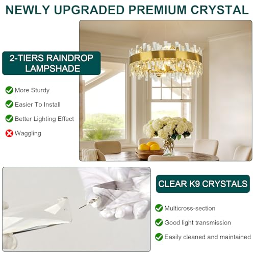 Image of AioTio Modern Crystal Chandelier, D23.6'' Brass Round K9 Crystal Gold Raindrop Chandelier for Dining Room, 12 Lights Luxury Ceiling Pendant Light Fixture for Living Room, Bedroom,Kitchen Island