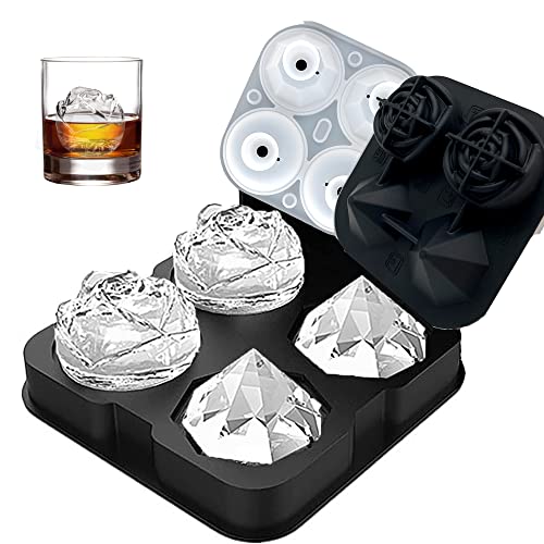 Rose Ice Cube Mold, Ice Cube Trays With Covers, Easy Release Silicone Ice Ball Maker For Chilling Cocktails, Whiskey, Bourbon & Homemade Juice (2 Rose Mold + 2 Diamond Mold) #TOP30