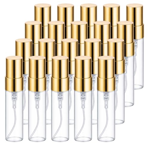SynHHergyx 20 Pack 5ml Spray Bottle Glass Perfume Bottle Mini Perfume Refillable Bottles Gold Decant Bottles for Travel Cleaning Essential Oils