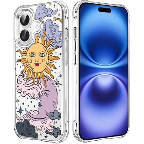 HEYORUN Sun Moon Design Clear Case Compatible with iPhone 16 Plus, Star Cloud Girls and Women Back Case Cover, Cute Cartoons Transparent Flexible TPU Bumper Shockproof Protective Case Cover