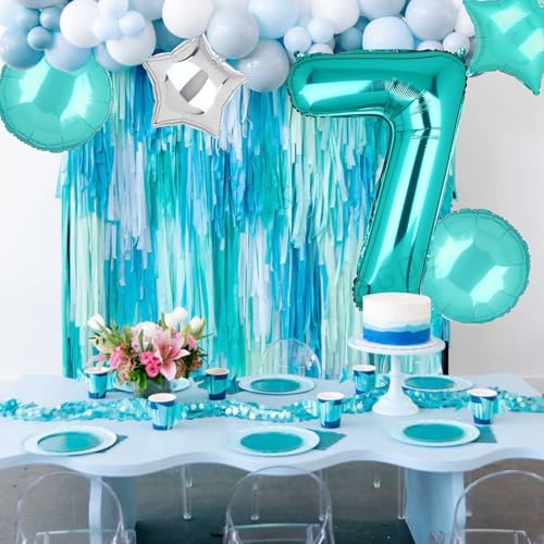 Image of Teal Blue Number 7 Balloons 40 Inch 7th Birthday Mermaid Theme 5 Pcs | Big Helium Mylar Digital Balloon Anniversary Wedding Party Decor Supplies