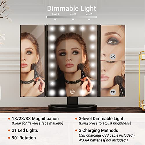 Superjare Vanity Desk, Makeup Vanity With Stool & Tri-Fold Lighted Mirror, Vanity Table Set With 2 Large Drawers - Vintage Brown #TOP3