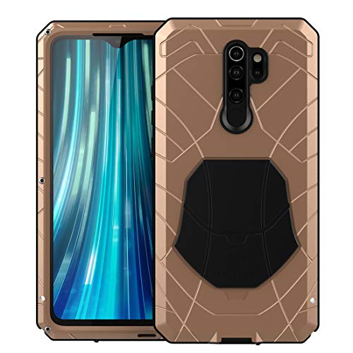 DDJ case for Xiaomi Redmi Note 8 Pro, Protective Cover with Tempered Film, Hard Armor Aluminum Heavy Duty Bumper Hard Tough Protectctive Shock Reduction Dust-Proof Case (Gold)