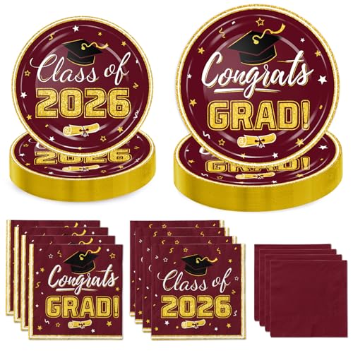 Graduation Plates and Napkins - Disposable Paper Plates Cocktail Napkins Luncheon Napkins for Maroon and Gold Graduation Party Decorations, Serve 50