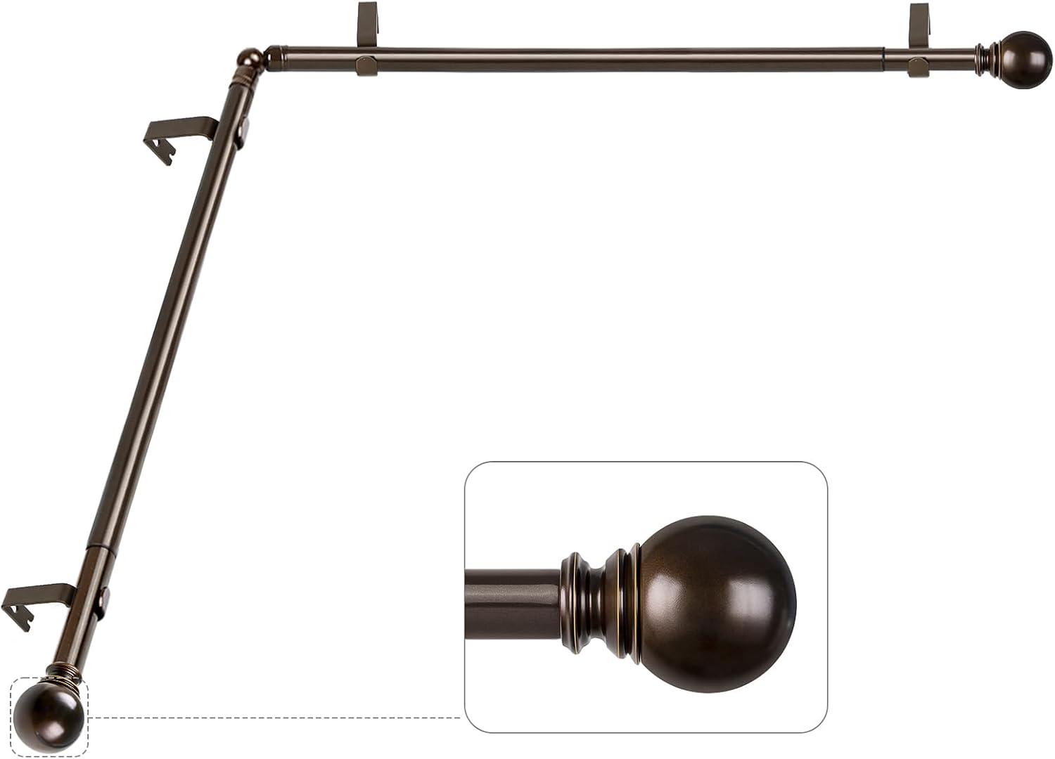 KAMANINA Corner Curtain Rod for Windows 48 to 84 Inches, 7/8 Inch Adjustable Small Window Curtain Rods for Windows, Bronze Modein Drapery Rods with Round Ends Antique Bronze 32-86"(2 sided)
