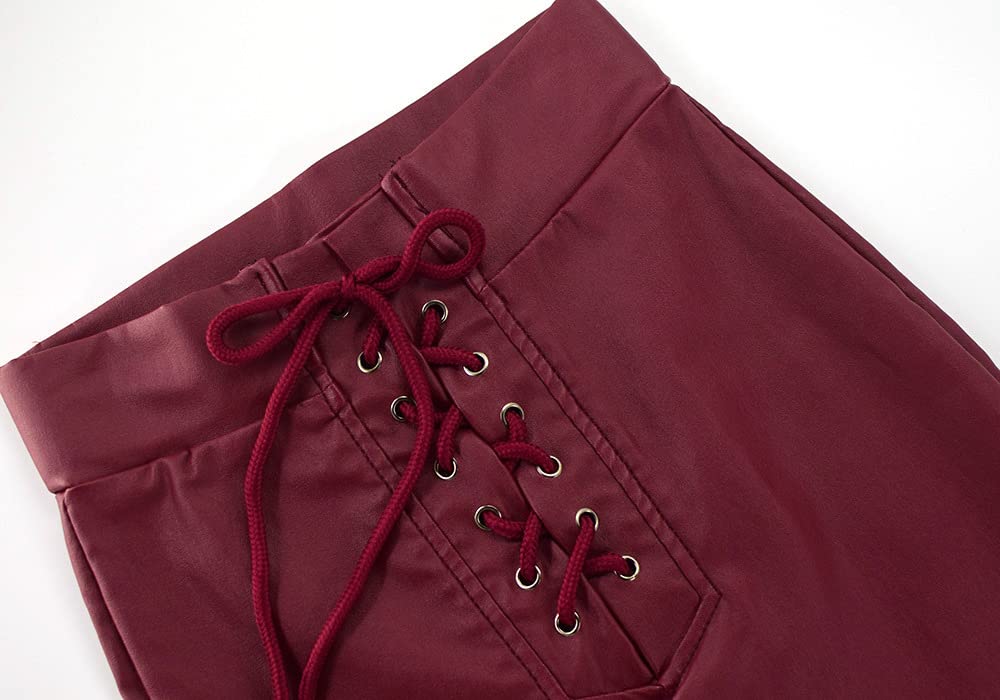 Dninmim Pantaloni in pelle sottile con coulisse a vita alta femminili Pantaloni in pelle primavera e autunno neri skinny matita PU