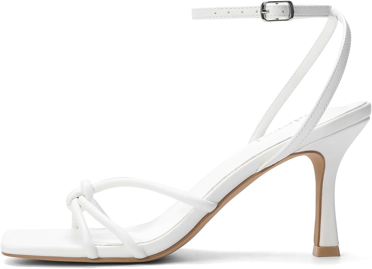 Goderci Kitten Strappy Heels for Women Square Open Toe Knotted Heels Ankle Strap Mid Heeled Sandals with Buckle