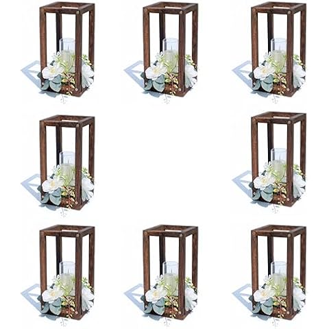 LULUKO Wooden Lanterns for Wedding Centerpieces 8Sets/24PCs(8wood Lanterns+8candles+8flowers) Table Lanterns for CenterpiecesWedding Lanterns Cover