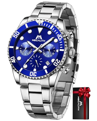 Imagen de MEGALITH Relojes Hombre Acero Cronografo: Relojes de Pulsera Plateado Impermeable Fecha Luminosa Reloj Cuarzo para Hombre