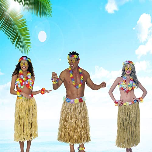 PHOGARY 8 Pack Hula Skirt Costume Kit for Hawaii Luau Party - Dancing Hula with Flower Bikini Top, Hawaiian Lei, Hibiscus Hair Clip, Pineapple Sunglasses for Women - Thumbnail 6