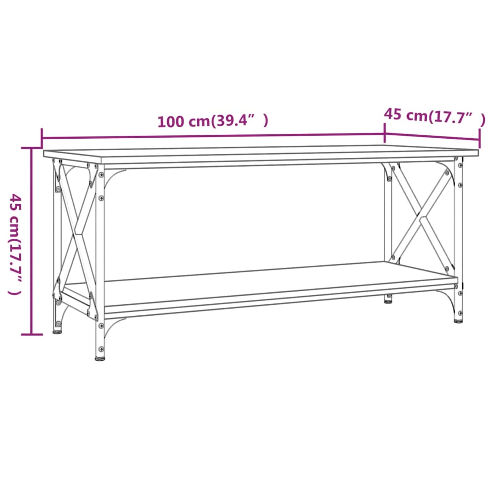 Homgoday Table basse grise Sonoma 100 x 45 x 45 cm, table d'appoint en bois et fer, table d'appoint pour salon, salle de réception d'invités, chambre à coucher et mobilier de bureau