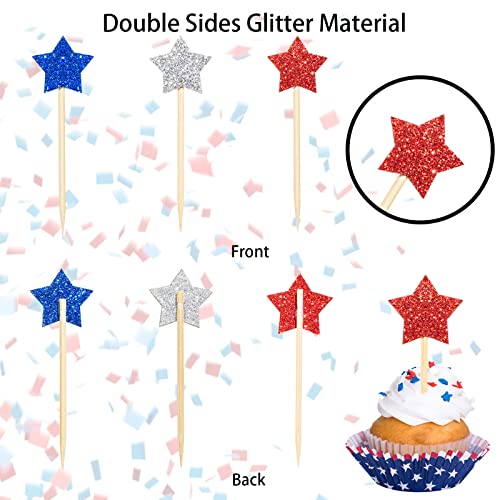 120 Pcs Star 4Th Of July Cupcake Toppers Double Sided Glitter Independence Day Cupcake Picks Cake Toppers Food Toothpick Picks For 4Th Of July Patriotic Birthday Party Supplies Favors, Blue Red White #TOP2