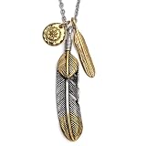 [silver KYASYA]ステンレス 三連フェザーネックレス メンズ シルバー 特大フェザー 羽根 金爪 ターコイズ 太陽メタル ペンダント 男性(上金ハート)