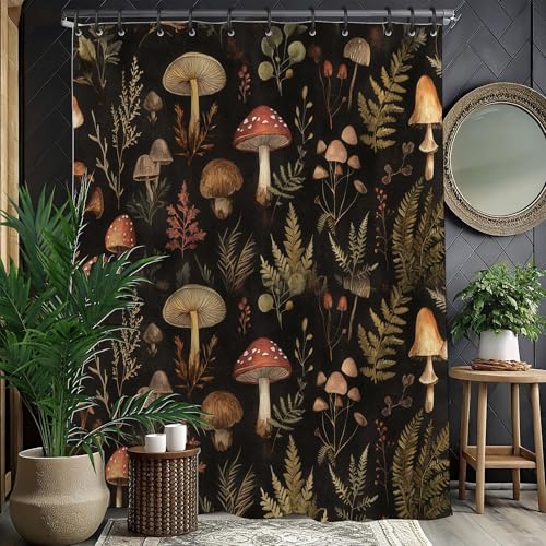 TSLOVER Vintage Dark Mushroom Shower Curtain 72x72 Inch Forest Botanical Plant Waterproof Polyester Bath Curtain with Retro Nature Mushroom Pattern Cottagecore Bathroom Decor