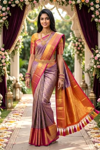 Image of VFCollections Women's Kanchipuram Silk Pure Pattu Sarees With Blouse