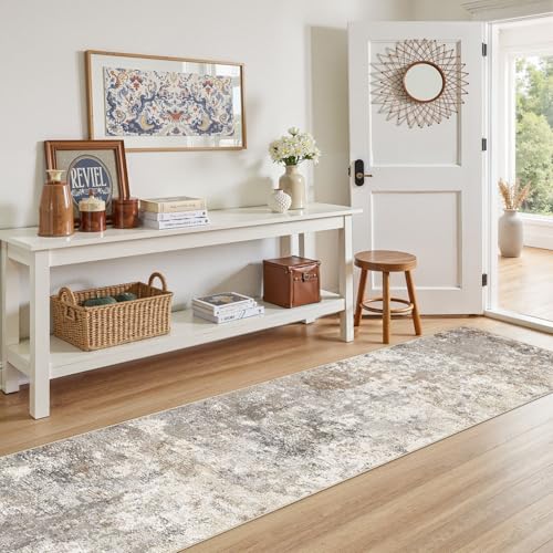 2X8 Washable Runner Rug for Hallway: Soft Neutral Modern Abstract Area Rug - Non-Slip Low Pile Long Throw Indoor Carpet for Kitchen Entryway Kitchen Bedroom Laundry- Brown Grey