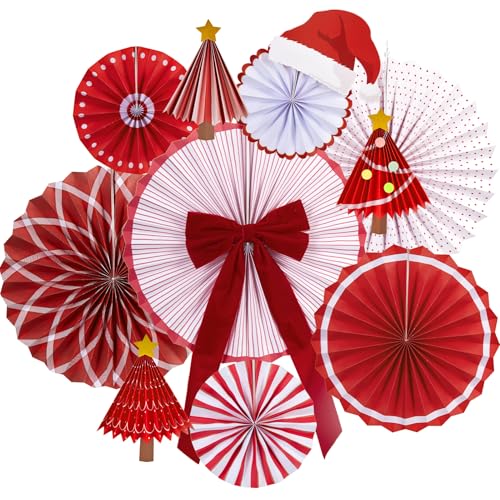 Image of Christmas Paper Fan Decorations Christmas Decorations Classroom Red Hanging Paper Fans 10PCS with Santa Hat Gold Stars for Xmas Winter New Year Wall Ceiling Party Holiday