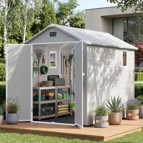 Image of Greesum 6x10FT Plastic Outdoor Storage Shed with Floor, Light Gray