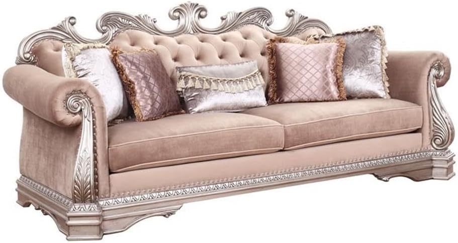 Acme Northville Sofa with 5 Pillows in Velvetand Antique Silver