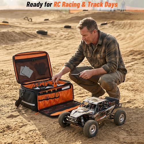 ORKELS RC Car Carrying Case For 1/14, 1/16, 1/18 Scale, Heavy Duty RC Storage Bag with Reinforced Base, Multi-Pocket Tool Organizer, Compatible with Traxxas RC Cars Trucks & Buggies