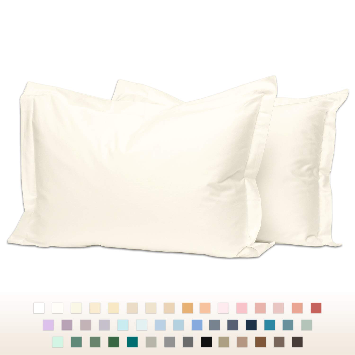Pizuna Pure 100% Cotton Standard Pillow Cases 50x75 cm New Ivory, 400 Thread Count Soft Luxurious Long Staple Cotton Sateen Weave Pillow Cover With 5cm Hem (Cooling Pillowcase - 2 PC)
