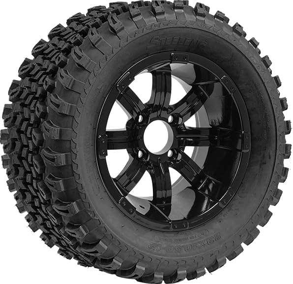 12″ Tempest Glossy Black Aluminum Alloy Golf Cart Wheels with 23″x10.5″-12″ All-Terrain Tires – Set of 4