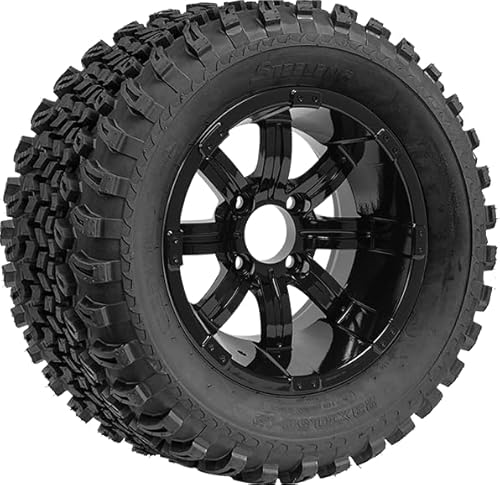 12″ Tempest Glossy Black Aluminum Alloy Golf Cart Wheels with 23″x10.5″-12″ All-Terrain Tires – Set of 4