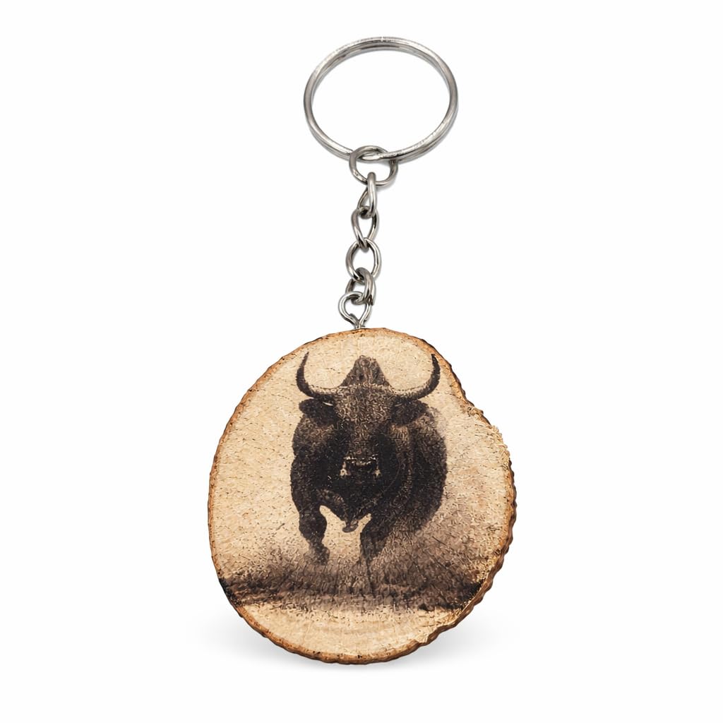 Promotech Wild Bull Handmade Laser Engraved Single Piece Wooden Keyring, natural wood, W5L5
