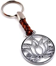 Pendant key ring made of metal, thickness 2 mm, faux leather strap, total length approx. 9 cm-11 cm, Lotus Flower, Classic