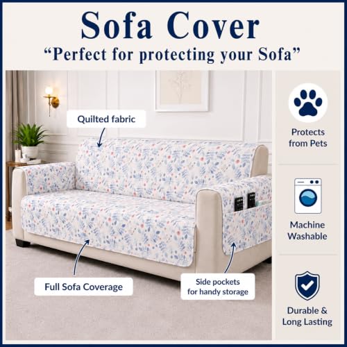 Image of STITCHNEST 'CloudFeel Series' Quilted Printed Velvet Sofa Cover for 1 Seater | Premium Soft Velvet Sofa Protector | Blue Floral Leaf Print Design with Armrest Pockets | Furniture Cover