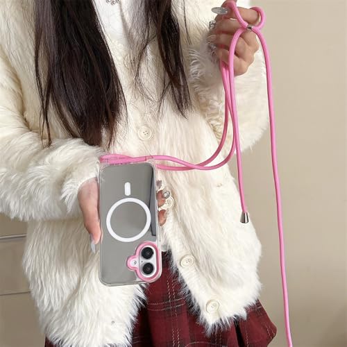 Chargement sans fil pour coque iPhone 16 Pro Max avec lanière rose
