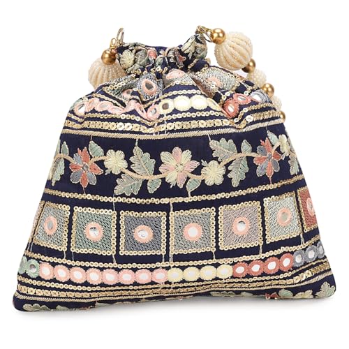 Image of LONGING TO BUY Indian Embroidered Pearl Potli Bag For Women, Sequence Design with Tassel, Wedding Potli Bags
