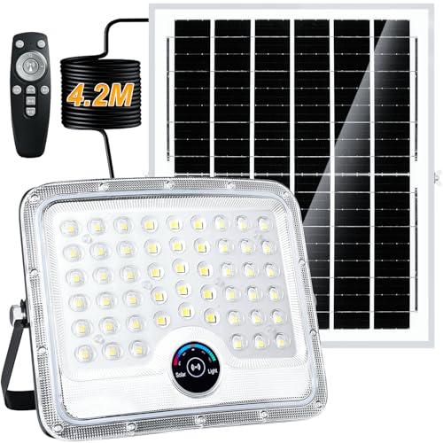 Solar Powered Flood Lights Outdoor, Dusk to Dawn Security Lighting Fixture,10000mAh Capacity Battery, 20000 Lumens 7000K White Exterior LED with Remote, IP65 Waterproof for Patio, Garden, Yard, Garage