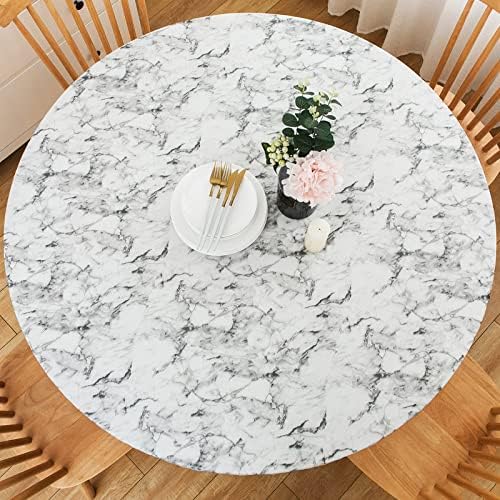 LIBERECOO Round Vinyl Fitted Tablecloth with Flannel Backing Elastic Edge Plastic Table Cover Waterproof Table Cloth Stain-Resistant Wipeable for 40"-44" Round Table