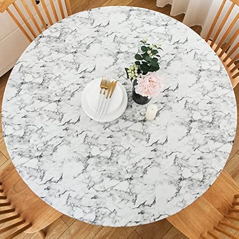 LIBERECOO Round Vinyl Fitted Tablecloth with Flannel Backing Elastic Edge Plastic Table Cover Waterproof Table Cloth Stain-Resistant Wipeable for 45"-56" Round Table Cover
