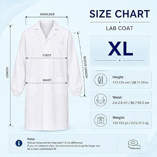 UWJOWP Blouse Chimie Blanche de Laboratoire,Taille L,Manches élastiques, Blouse de Médecin avec 3 Poches, pour Femme Homme, pour Lycée Collège Hôpital – vue 2