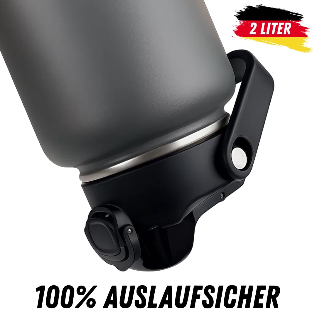 Bouteille isotherme, 2 en 1, 2 en 1, avec paille, 100 % lave-vaisselle, froid glacé 24 h, chaud 12 h, gourde isotherme de 2 l, en acier inoxydable, sans BPA et anti-fuite, gris polaire